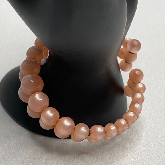 Cuff Bracelet Double Stranded Graduated Round Moonstone Beads Salmon Pink - Picture 2 of 8